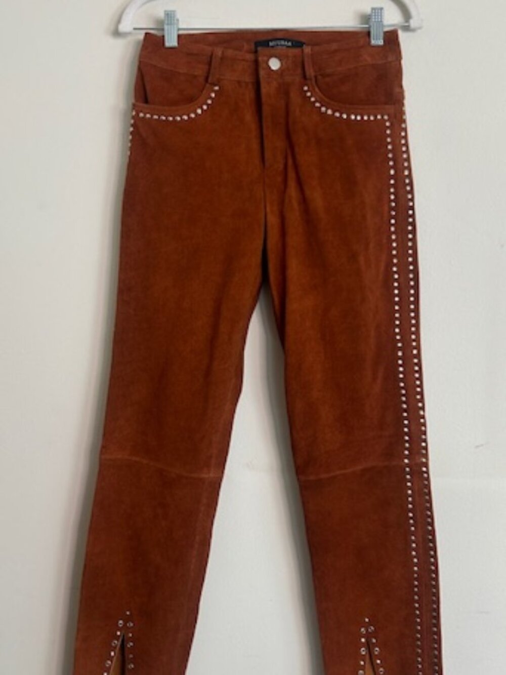 Free People X Muubaa Studded Rich Rust Suede Lined Straight Leg Slit Hem Pants